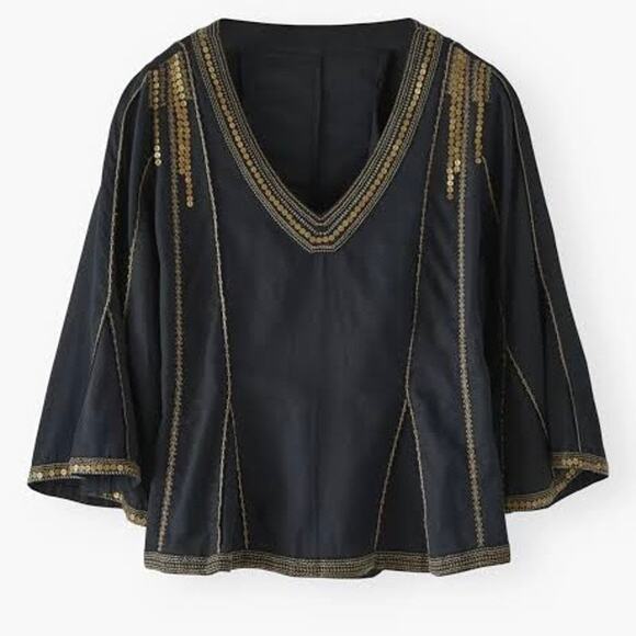 Wrap London Godet Cotton Sequin Bell Sleeve V Neck Blouse Sz 6 Black Gold - Picture 2 of 10